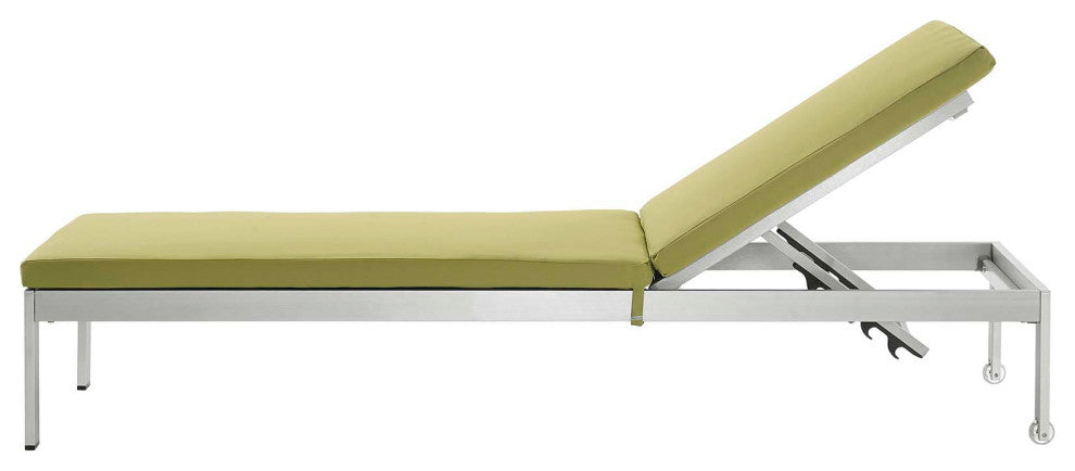 Lounge Chair Chaise, Aluminum, Metal, Silver Green, Modern, Outdoor Patio Cafe
