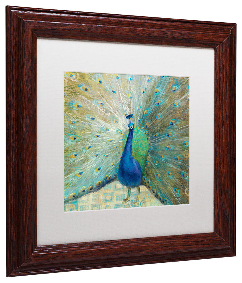'Blue Peacock on Gold' Matted Framed Canvas Art by Danhui Nai