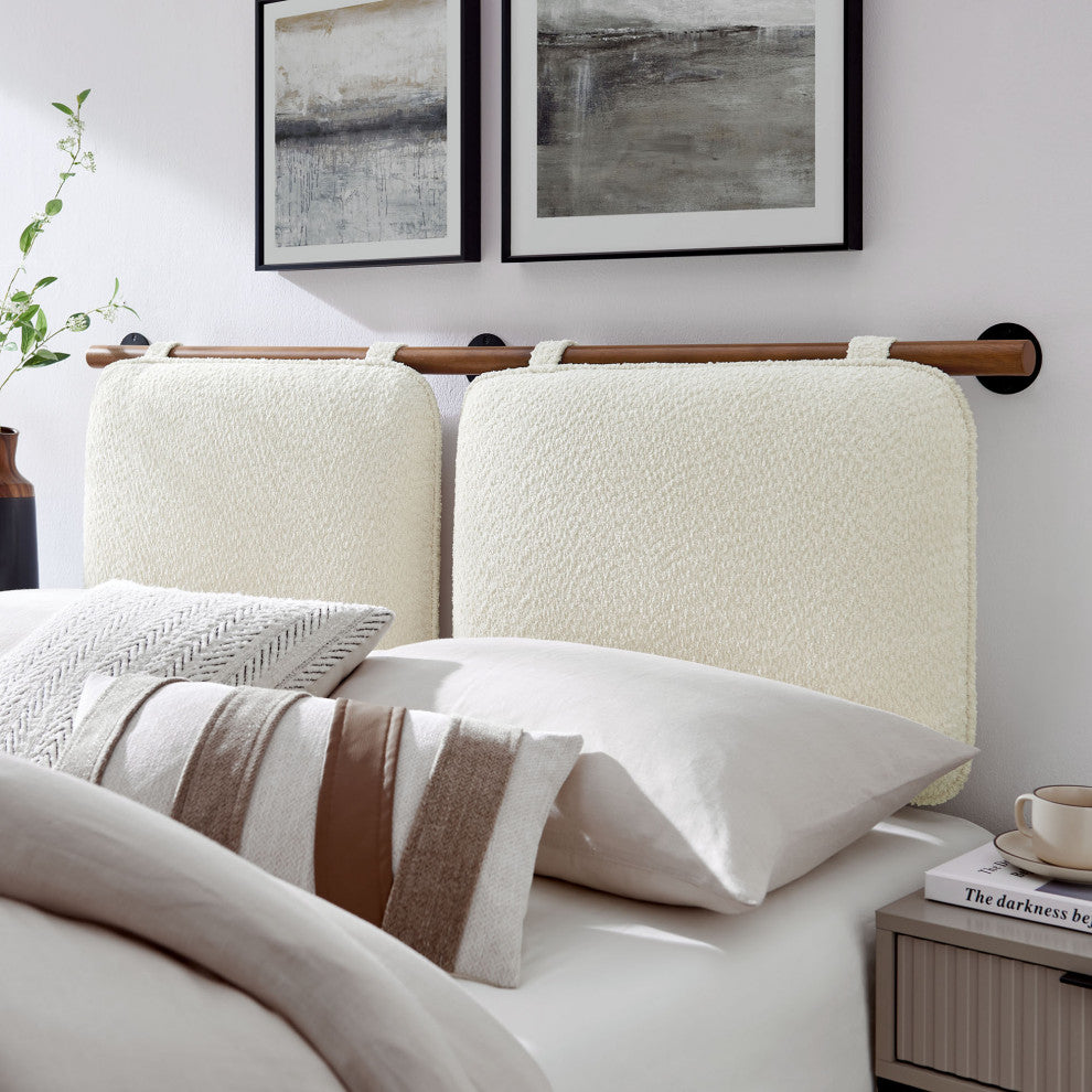 Anela Wall-Mounted Chenille Upholstered Full Headboard, Cream Walnut
