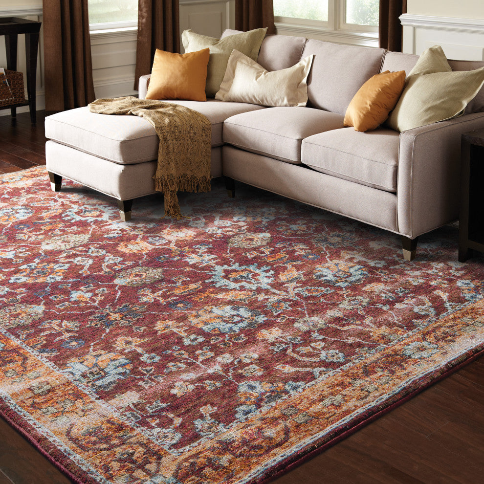 Adeline Distressed Bordered Red and  Gold Area Rug, 7'10"x10'10"
