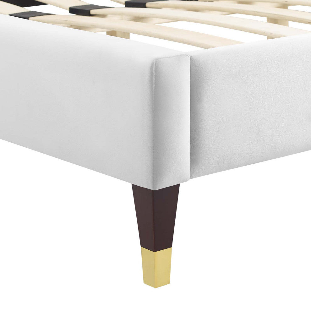 Platform Bed Frame, Full Size, Velvet, White, Modern Contemporary, Bedroom