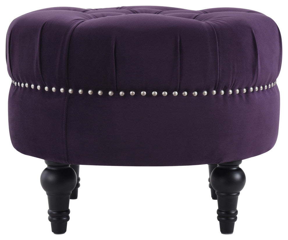 La Rosa Tufted Round Ottoman, Purple Velvet