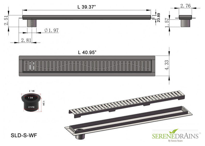 Offset Linear Drain, 40 Inch Side Outlet Linear Drain Complete Set, Wind