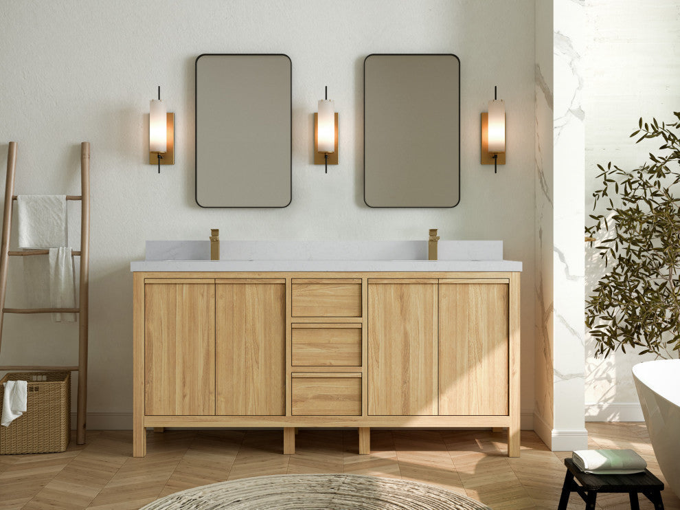 Elizabeth 72 Double Sink Bath Vanity in Light Natural Teak 2" Carrara Quartz