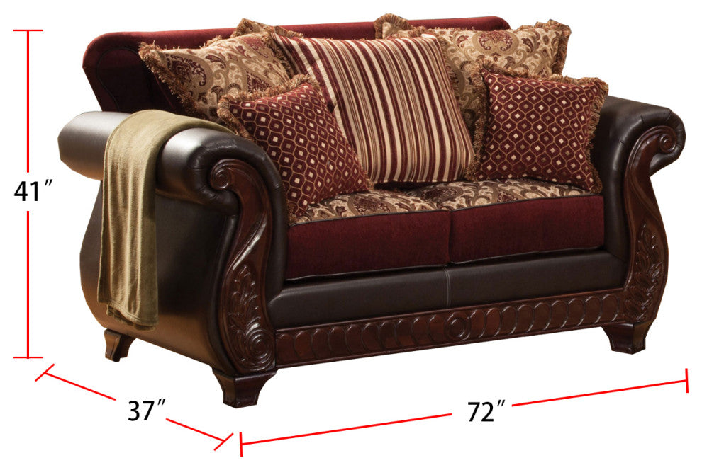 Fabric and Leatherette Love Seat with Rolled Arms Design, Burgundy