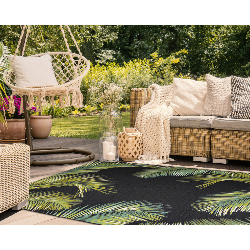 Marina Palm Border Indoor/Outdoor Rug, Black, 4'10"x7'6"