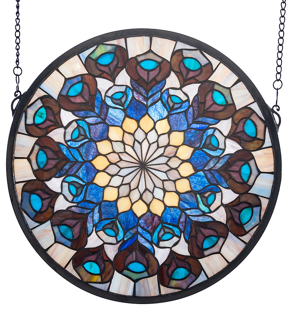 17W X 17H Tiffany Peacock Feather Medallion Stained Glass Window