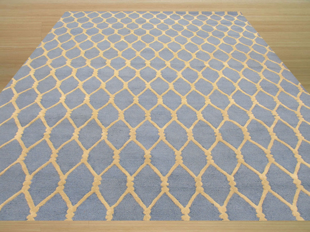 Hand-Tufted Wool Blue Transitional Geometric Chain-Link Rug, 5' X 8'