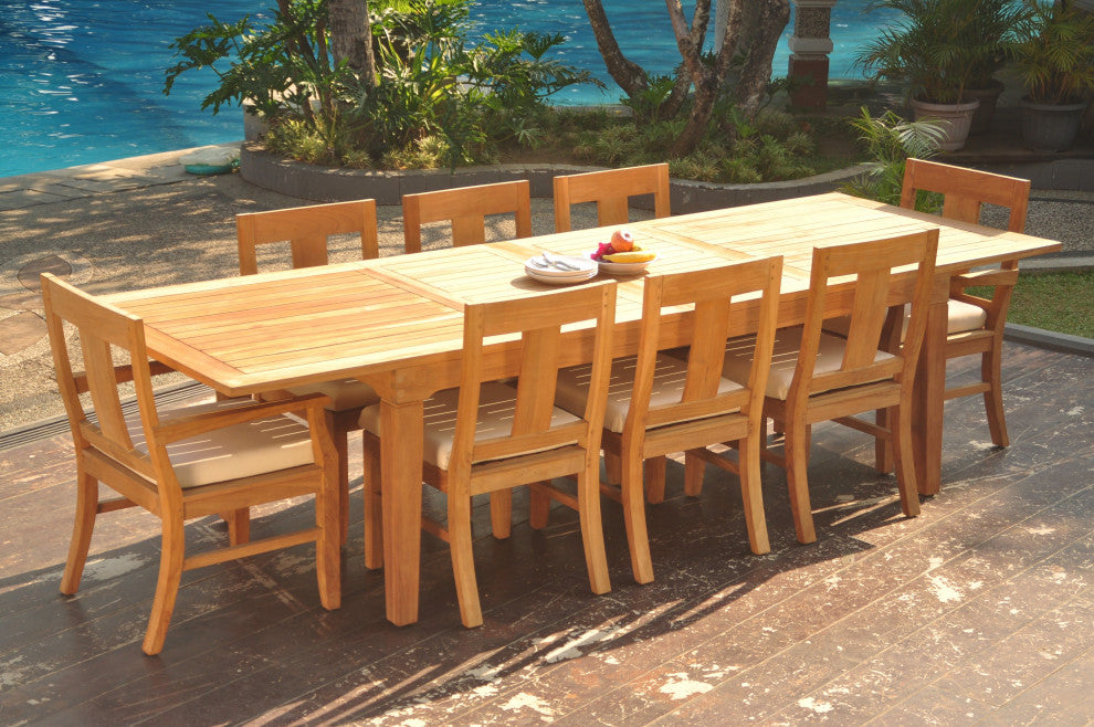 9-Piece Outdoor Teak Dining Set: 122" Extension Rectangle Table, 8 Osbo  Chairs