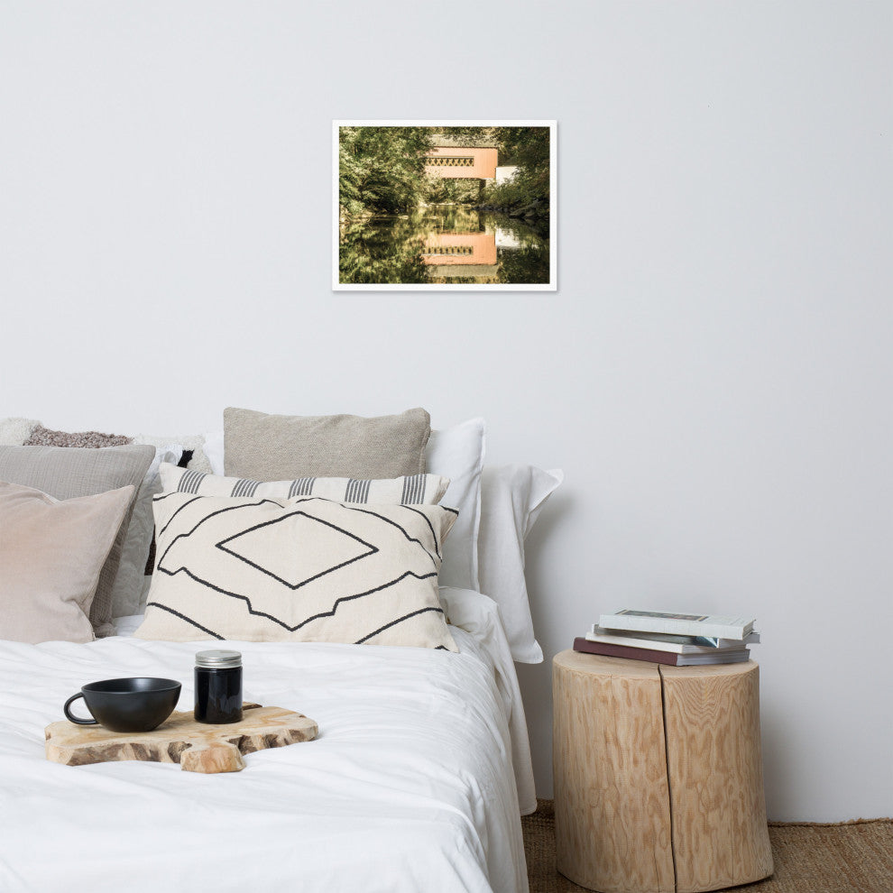 The Reflections of Wooddale Covered Bridge Aged Framed Photo Wall Art Print, White, 18" X 24"