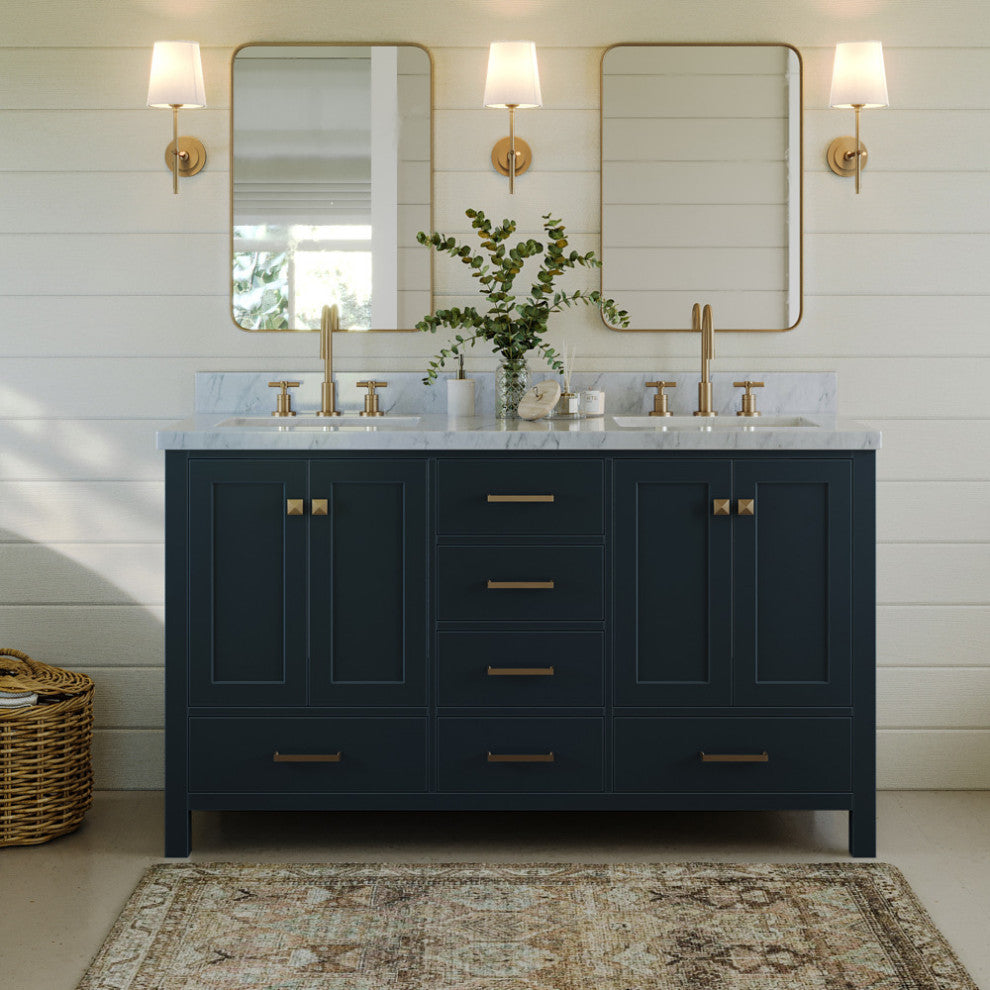 ARIEL Cambridge 61" Rectangle Sink Midnight Blue Vanity Carrara Top, No Mirror