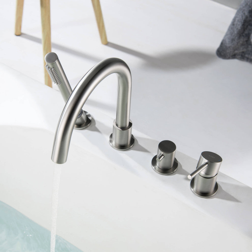 Circular Deck Mounted Bathtub Faucet With Hand Shower, Brushed Nickel