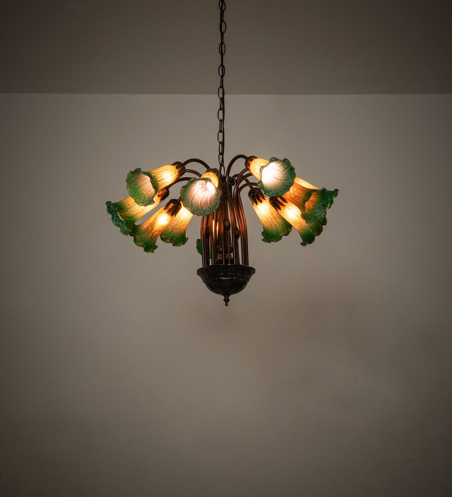Meyda Lighting 15997 20"W Amber/Green Pond Lily 12 Lt Chandelier