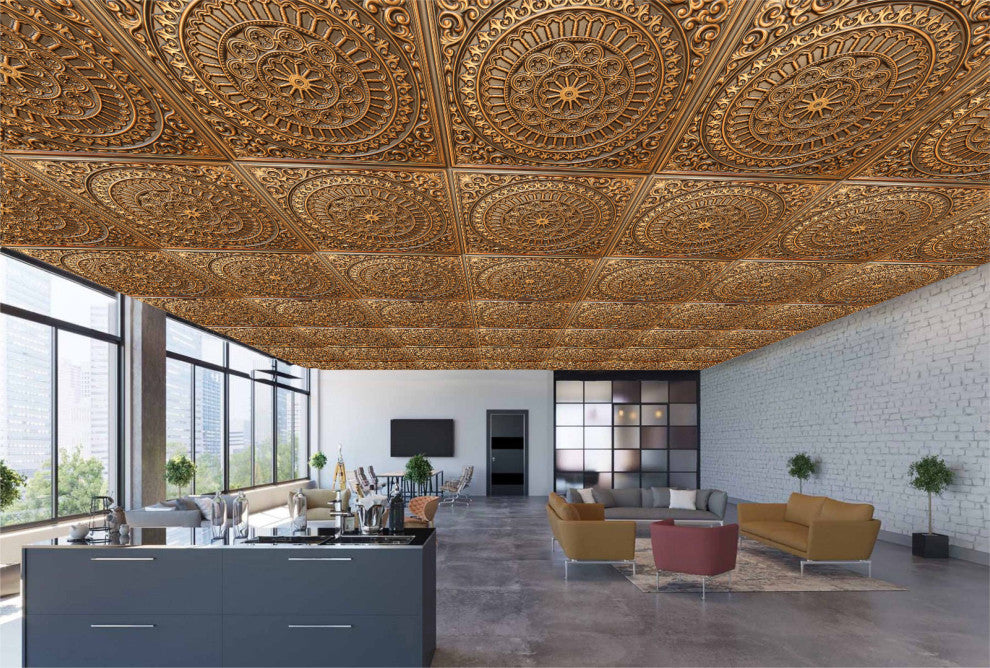 Antique Gold 3D Ceiling Panels, 2'x2', 100 Sq Ft, Pack of 25