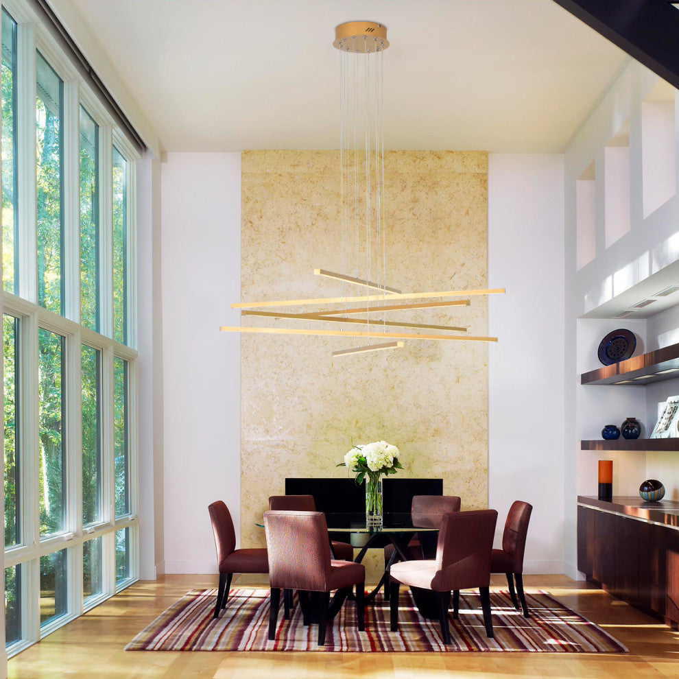 LED Modern Line Pendant Light Dimming, Remote, Aluminum Light, Gold, 6 Lights