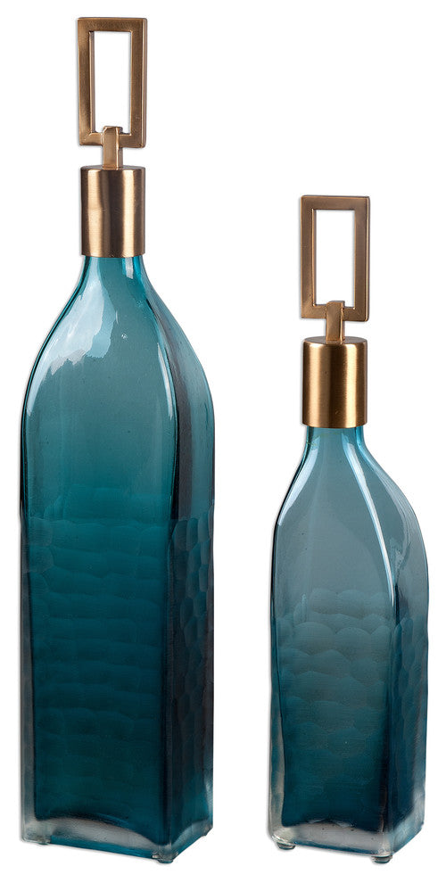 Uttermost Annabella Glass and Iron Bottles in Teal Blue/Bronze (Set of 2)