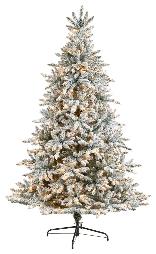 8' Flocked West Virginia Spruce Faux Xmas Tree W/Clear Light & Bendable Branches