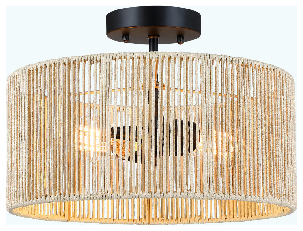 14" W 2-Light Woven Rope Drum Semi-Flush Mount Ceiling Light, Beige