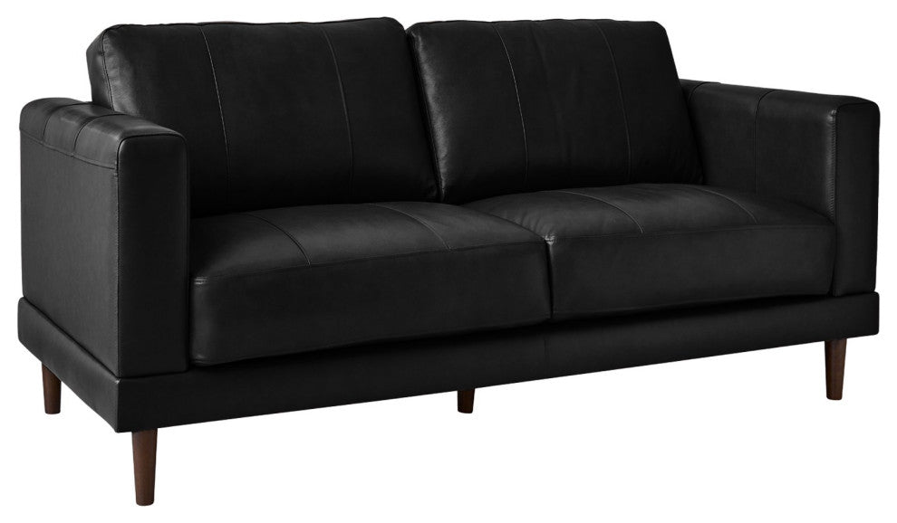 Modern Loveseat, Genuine Leather Upholstered Seat & Stitched Accents, Black