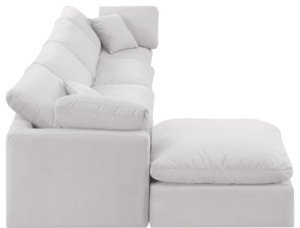 Indulge Upholstered Modular L-Shaped Sectional, Cream, 5-Piece: 2 Armless Chair, 2 Corner Chair, 1 Ottoman, Down Stuffed Velvet