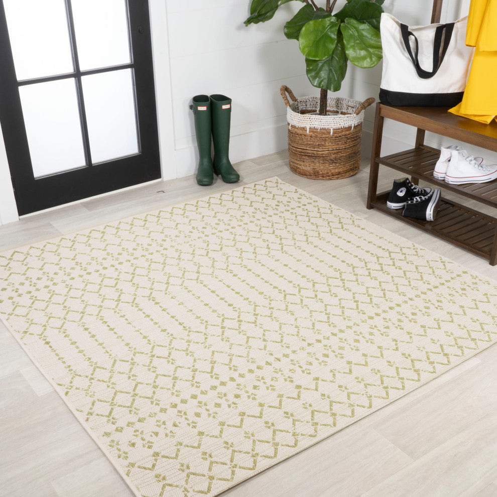 Ourika Moroccan Geometric Indoor/Outdoor Rug, Cream/Green, 5' Square