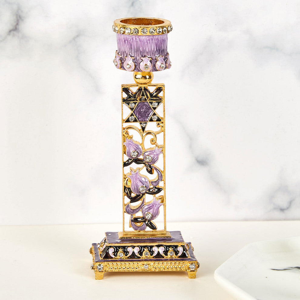 Matashi Shabbat Candlestick Holder (2-Piece) Hand-Painted,  Pewter (Purple)