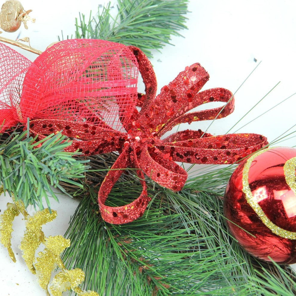 Grapevine and Pine, Red Ball Ornaments Artificial Christmas Garland, Unlit