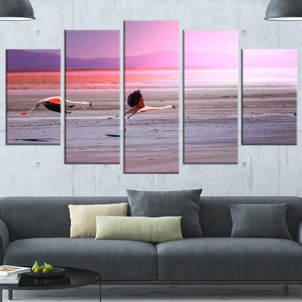 Flying Pair of Cute Flamingos, Animal Canvas Art Print, 60"x32", 5 Panels