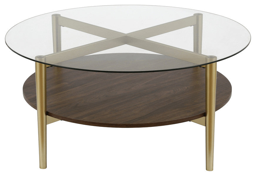 36" Gold Glass And Steel Round Coffee Table With Shelf