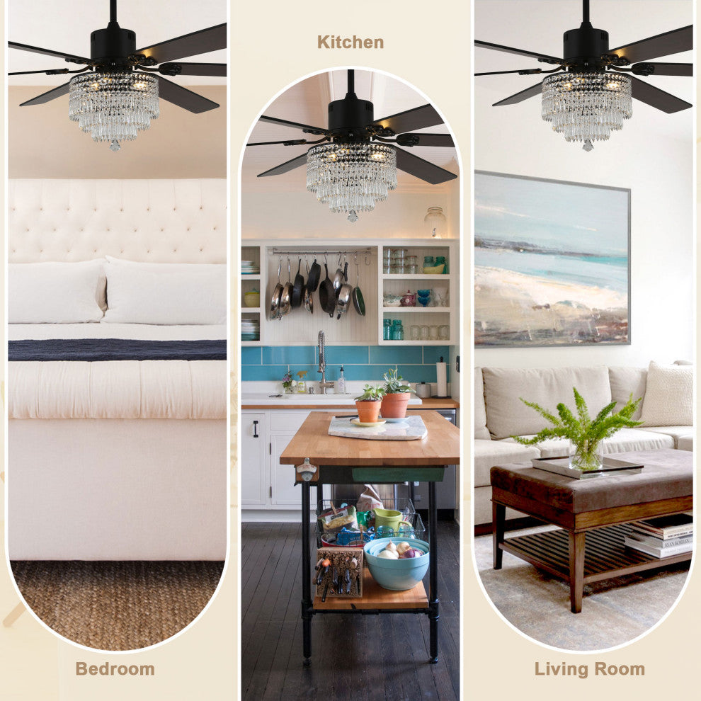 65 inch Crystal Ceiling Fan with Light  and Remote,6-Speed Reversible, Black