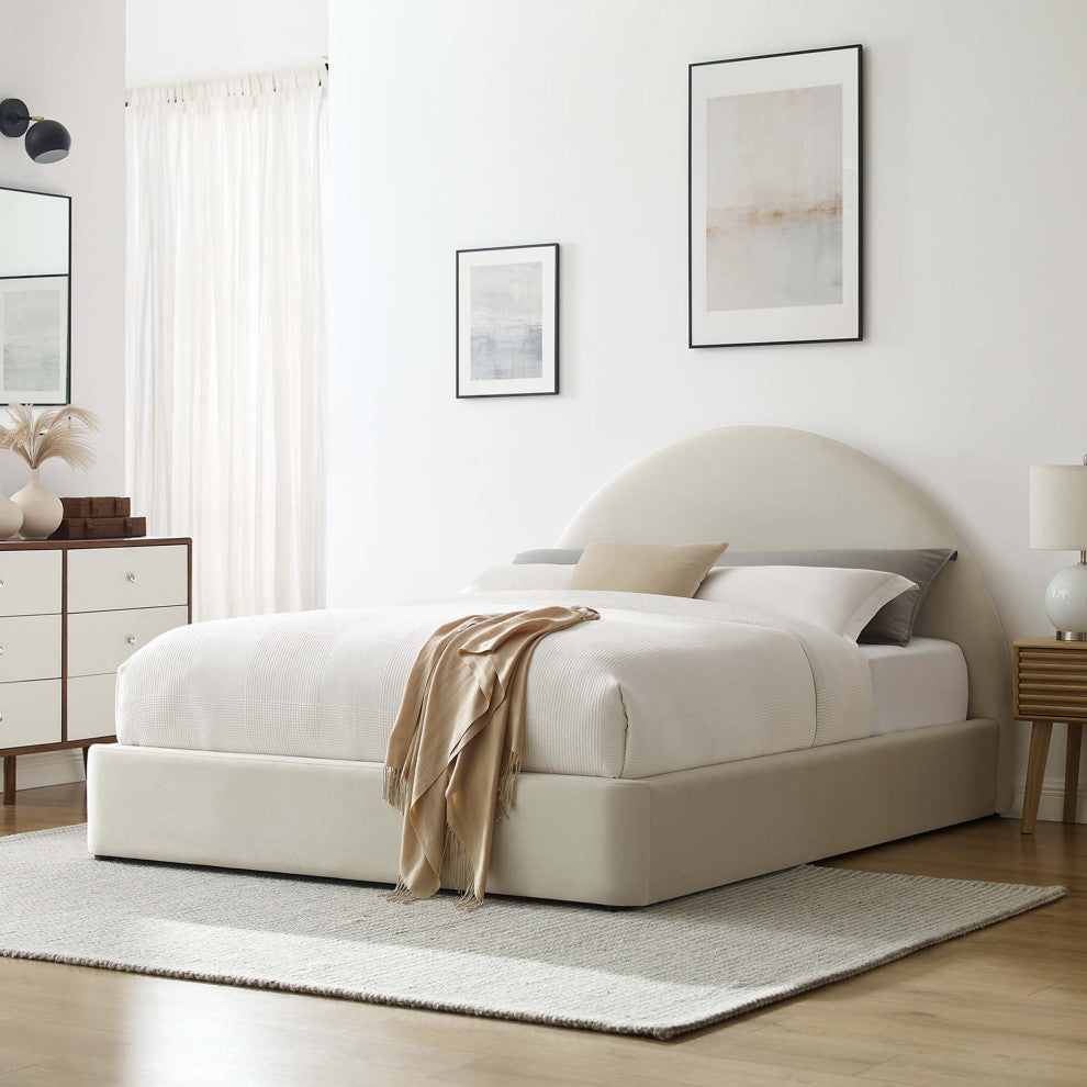 Resort Performance Velvet Arched Round Queen Platform Bed, Alabaster