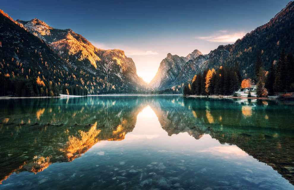 Sunrise Misty Mountain Lake Lively Color Landscape Photo Canvas Art Print, 18" X 24"
