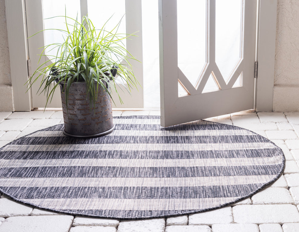 Unique Loom Aqua Blue Striped Outdoor Area Rug, Charcoal Gray, Gray, 4' X 4'