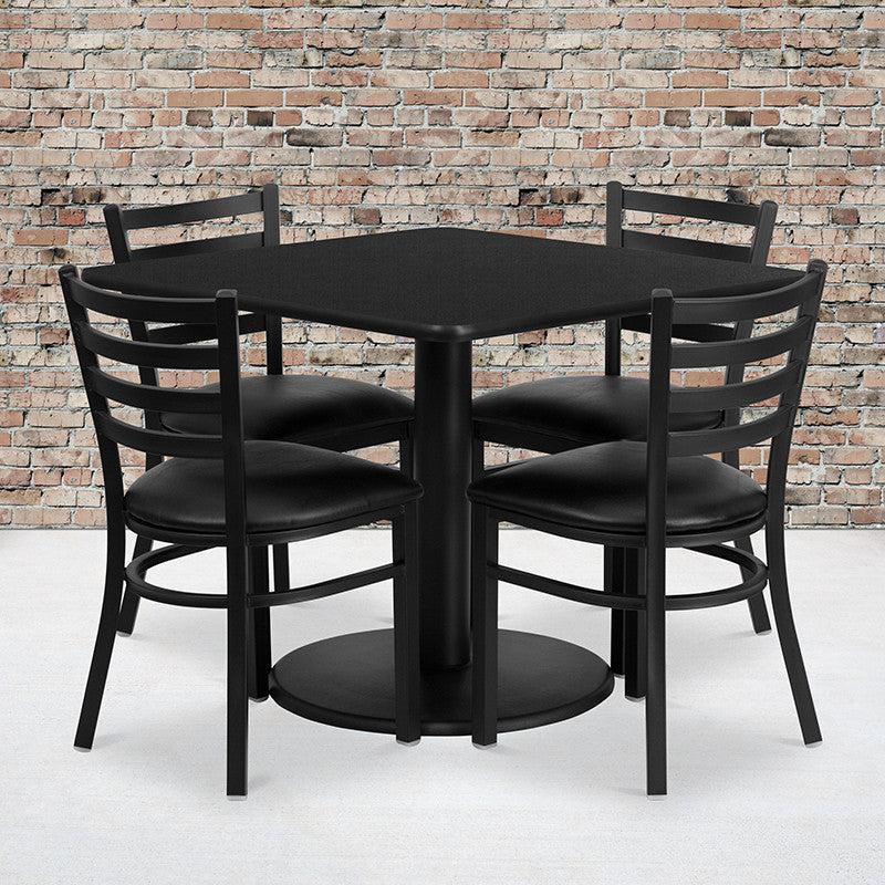 36" Square Walnut Laminate Table Set With 4 Black Trapezoidal Back Chairs