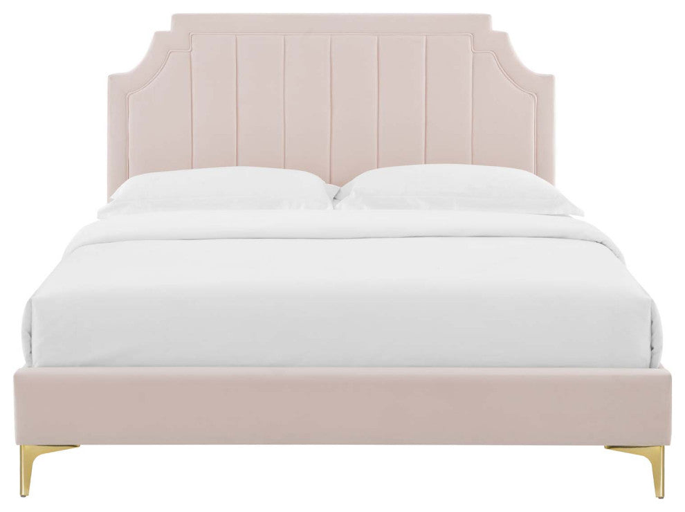 Platform Bed Frame, King Size, Velvet, Pink, Modern Contemporary, Bedroom Master