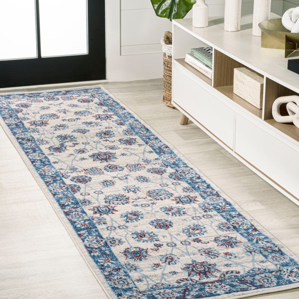 Modern Persian Vintage Moroccan Traditional Cream/Navy 2'x8' Runner Rug
