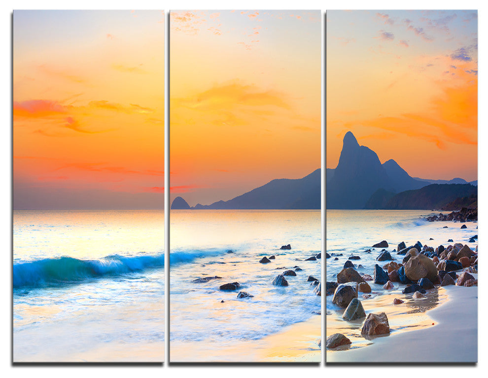 "Stone in the Beach at Sunset" Photo Wall Art, 3 Panels, 36"x28"