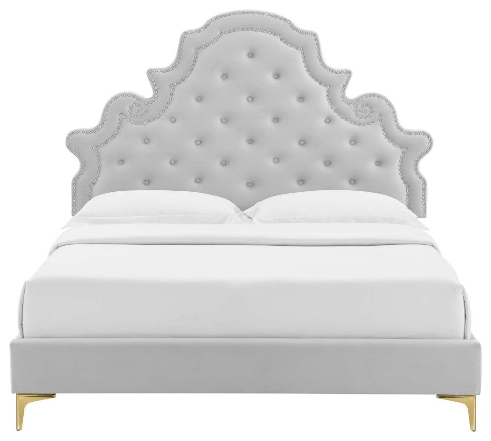 Tufted Platform Bed Frame, Queen Size, Velvet, Gray, Modern Contemporary