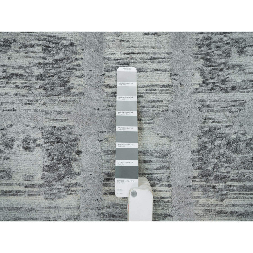 Gray, Hand Spun Wool, Hand Knotted, Modern Design, XL Runner Rug, 2'7"x25'6"