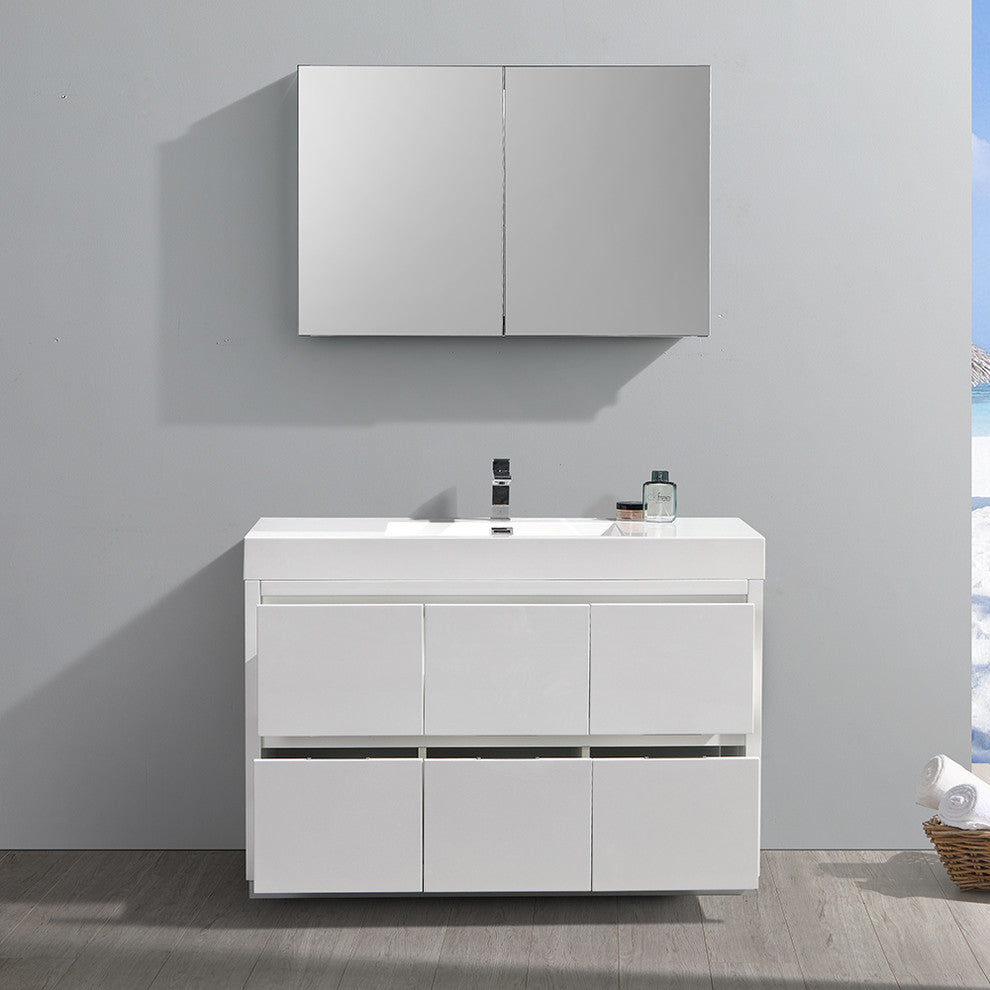Valencia 48" Glossy White Free Standing Vanity Set, Cabinet, Faucet FFT1041BN