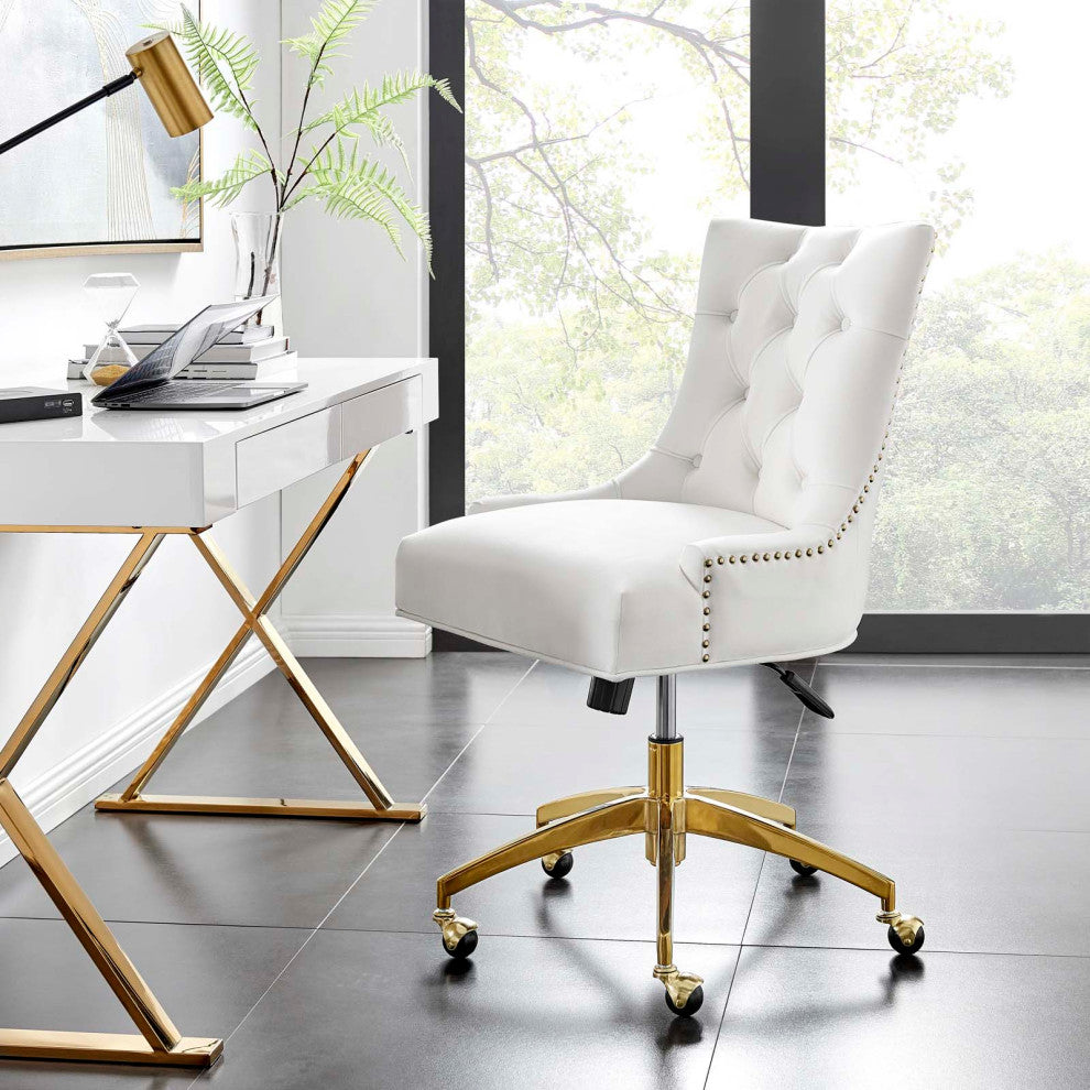 Computer Work Desk Tufted Chair, Velvet, Gold White, Home Business Office