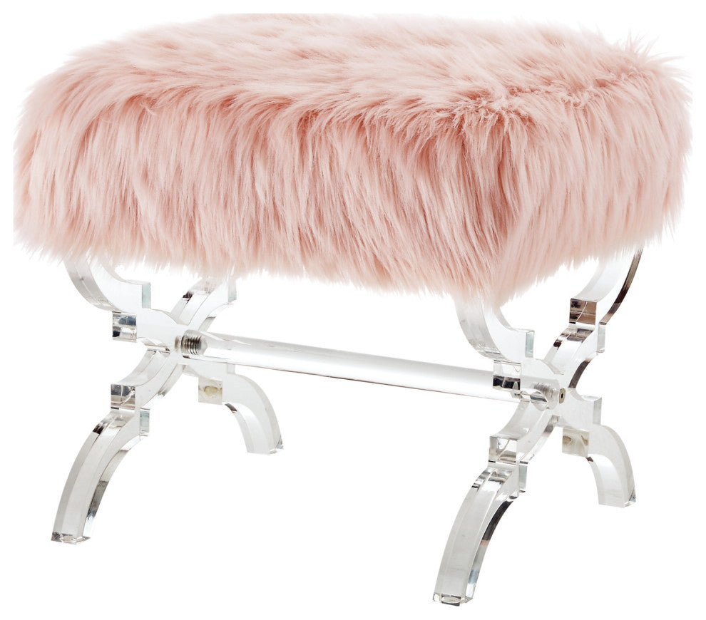 Enzo Faux Fur Acrylic X-Leg Ottoman, Rose
