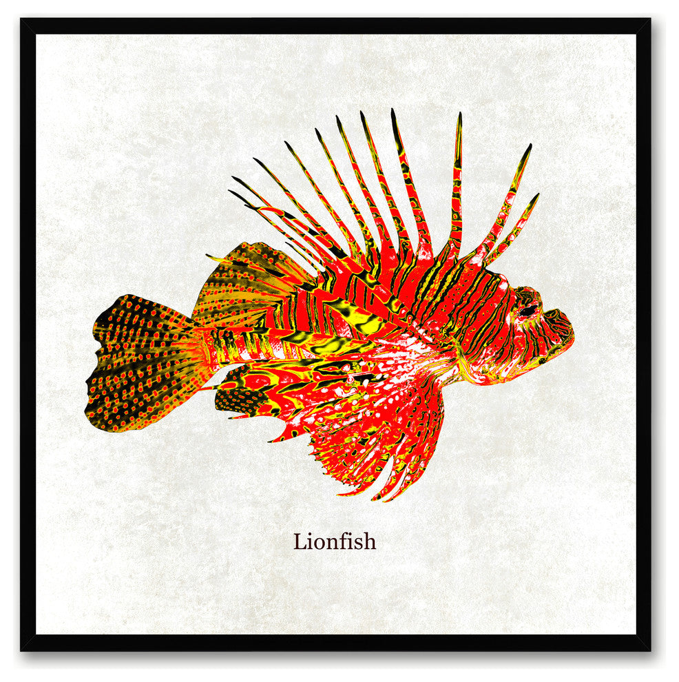 Lionfish Animal White Print on Canvas with Picture Frame, 15"x15"