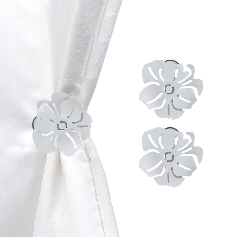 Set of 2 Metal Curtain Tiebacks "“ Elegant Poppy Flower Design Clip, White