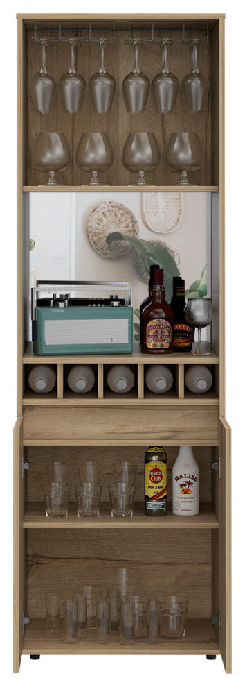 Redding Bar Cabinet with Open Shelves, Glass Rack, and 5 Wine Cubbies, Light Oak
