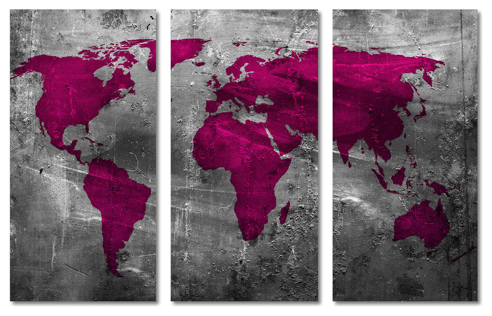 Abstract Amaranth Red World Map Canvas Print 3 Panel Split Triptych