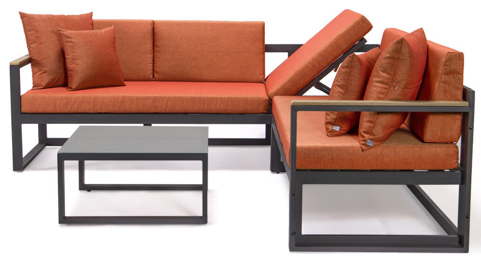 LeisureMod Chelsea Modern Black 3 Piece Outdoor Aluminum Sectional Set for Patio, Orange