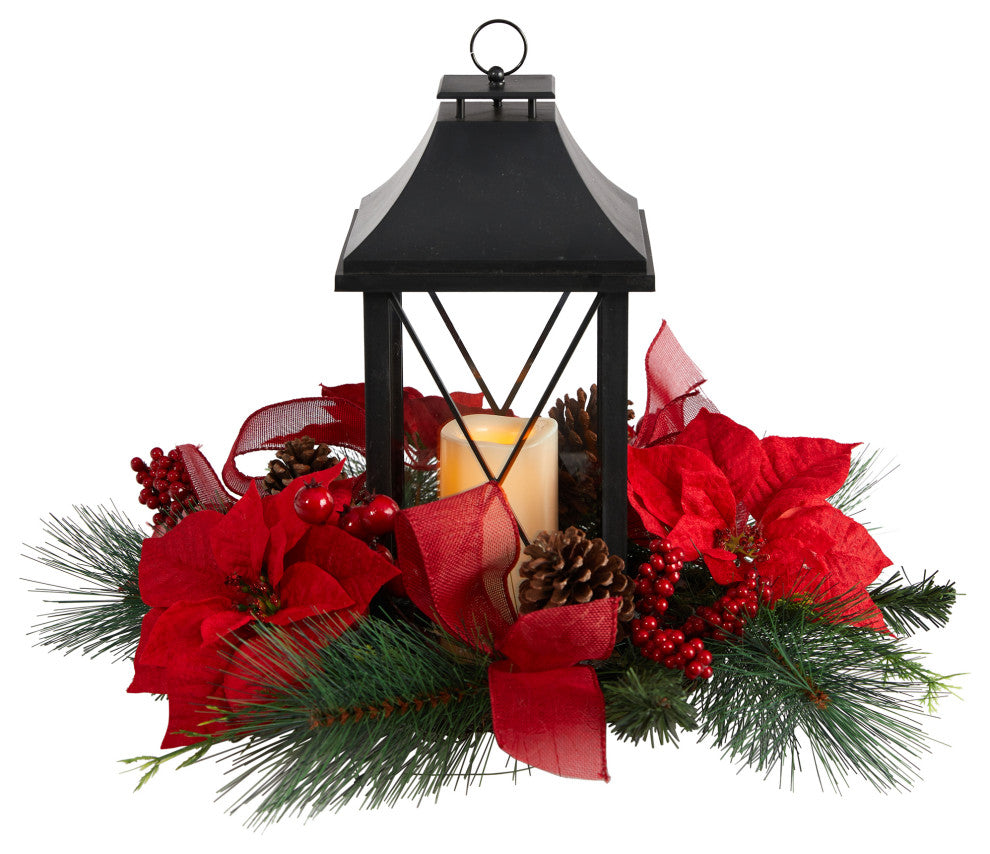 15" Holiday Poinsettia, Pinecone & Greenery W/ Lantern & LED Candle Arrangement