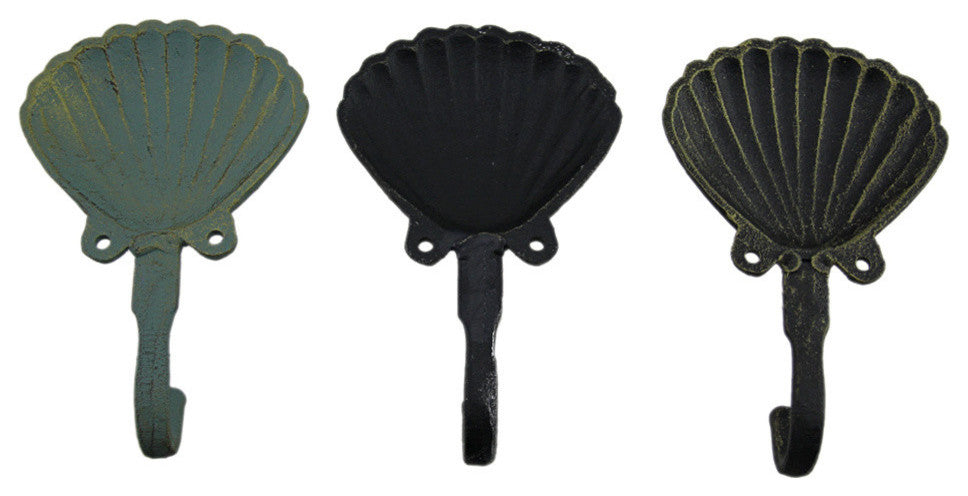 Distressed Scallop Shell 3 Piece Coastal Cast Iron Wall Hook Set