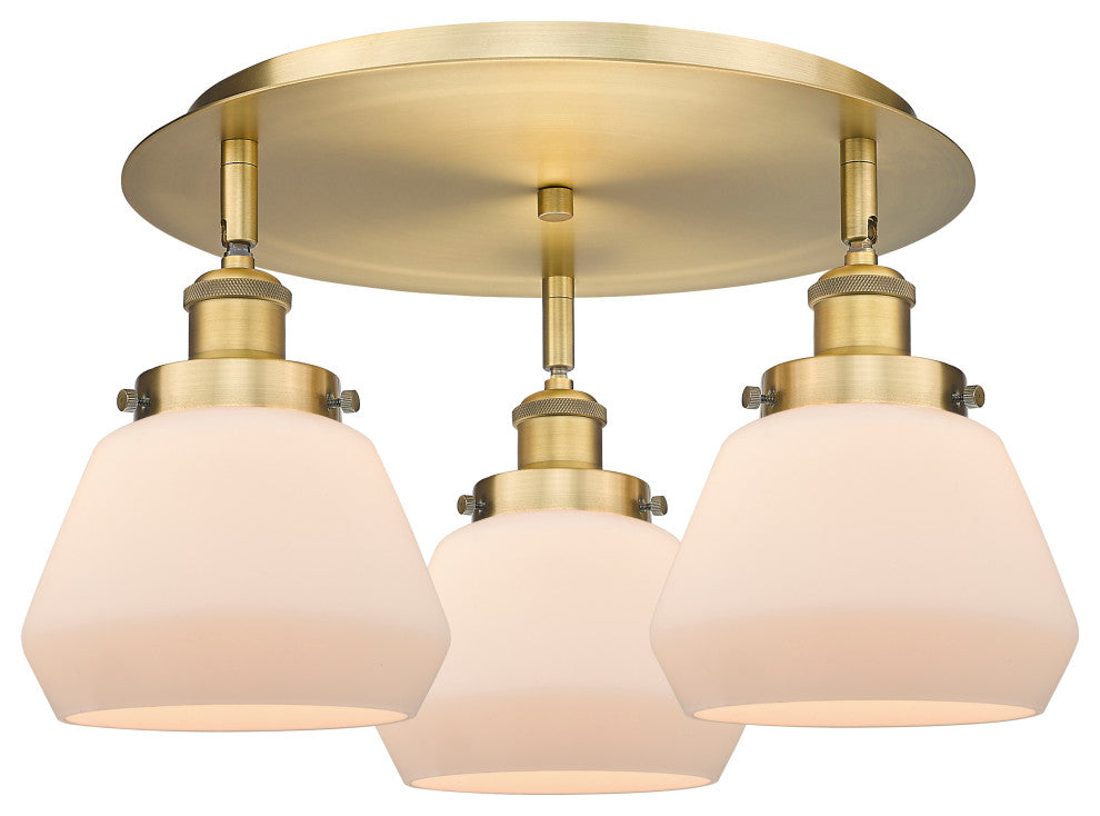 Fulton-3 Light 18" Flush Mount-Brushed Brass, Matte White Glass Shade